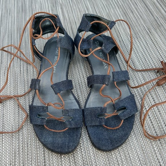 Stuart Weitzman Roman Flat Blue Denim/Leather Gladiator Sandal Sz 7.5 - Picture 2 of 7